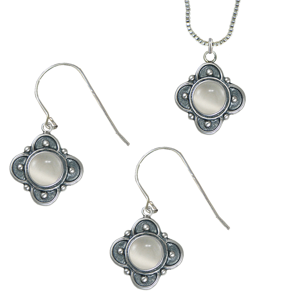 Sterling Silver Necklace Earrings Set White Moonstone